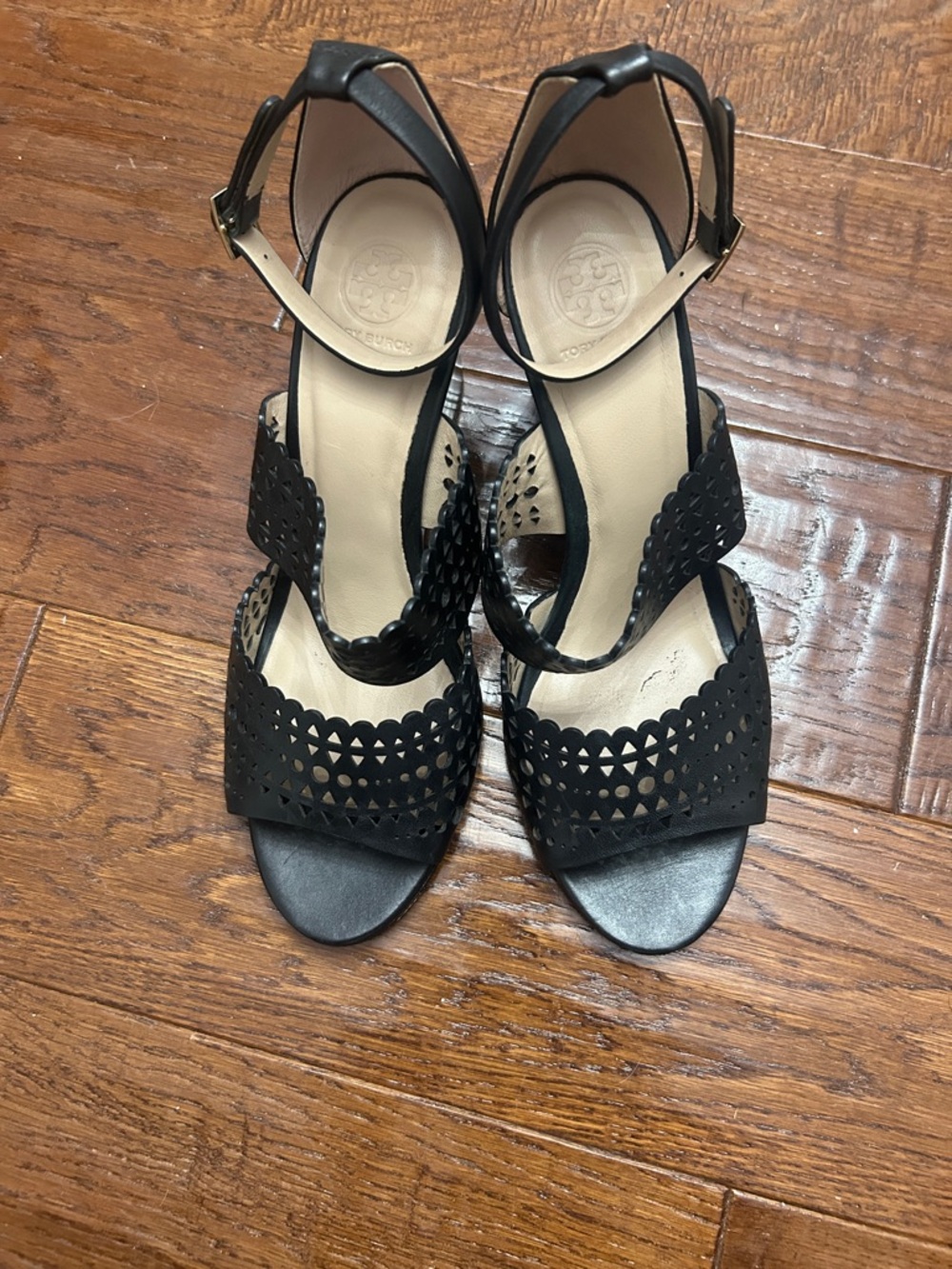 Tory Burch Black Laser-Cut Ankle-Strap Wedges size 8.5M
